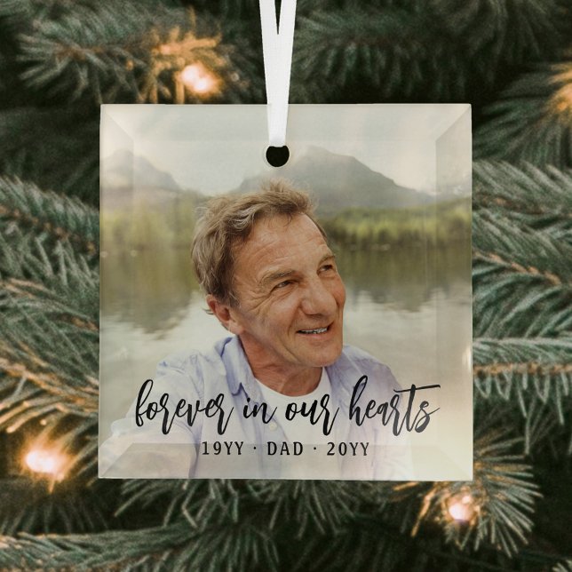 Ornement En Verre Texte Mémorial 1 Photo Simple Noir Script (Créateur téléchargé)