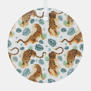 Ornement En Verre Tigres Feuilles tropicaux : Illustration Vintage.