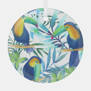 Ornement En Verre Toucans tropicaux : Motif de fleurs exotiques.