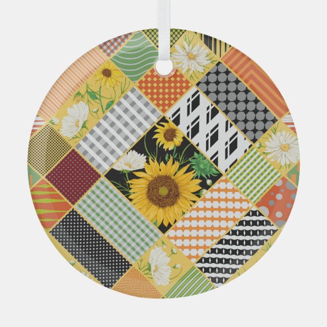 Ornement En Verre Tournesol Chamomile, Patchwork Aquarelle. (Recto)
