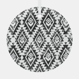 Ornement En Verre Tribal Navajo : blanc noir géométrique.