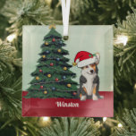 Ornement En Verre Tricolore Corgi Santa Hat Cute Custom Christmas<br><div class="desc">Ce beau chien de Pembroke Welsh Corgi a un mignon casquette du Père Noël et une adorable inclinaison de la tête. Le petit tricolore est assis devant un joli sapin de Noël orné de décorations colorées. Personnalisez le nom de votre animal de compagnie dans une jolie cursive sous le magnifique...</div>