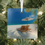 Ornement En Verre Tropical Beaches | Lounge Chairs Beach, Bora Bora<br><div class="desc">This amazing Getty Images photo features a beautiful tropical landscape,  two sun beds,  loungers and umbrella under a palm tree.</div>