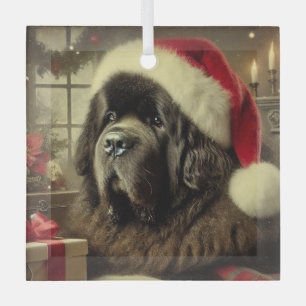 Ornement En Verre Un Newfie noir dans un Noël de Noël