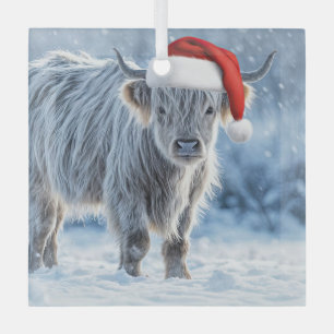 Ornement En Verre Vache des Highlands mignonne dans la neige avec un