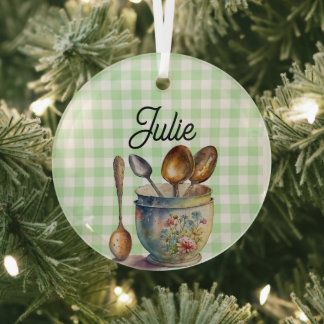 Ornement En Verre "Vérifié Vert et Blanc - Cuillères dans Tasse"