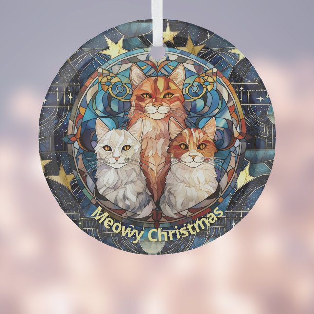 Ornement En Verre Verre tendu Look Meowy Chats de Noël en bleu (Créateur téléchargé)