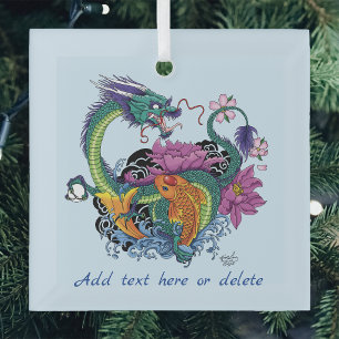 Ornement En Verre Vibrant sarcelle Dragon Koi Oriental Fleur de Lotu