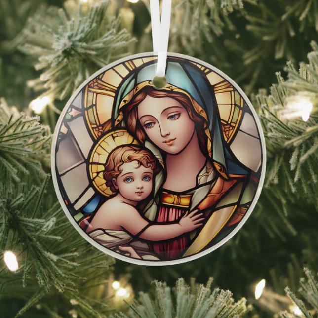 Ornement En Verre Vierge Vitrail Marie et Jésus (Insitu)