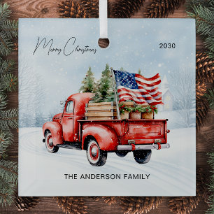 Ornement En Verre Vintage Red Christmas Truck Farmhouse USA Drapeau