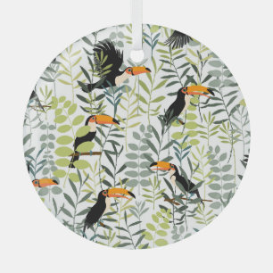 Ornement En Verre Vintage Toucans Vert Feuille Motif