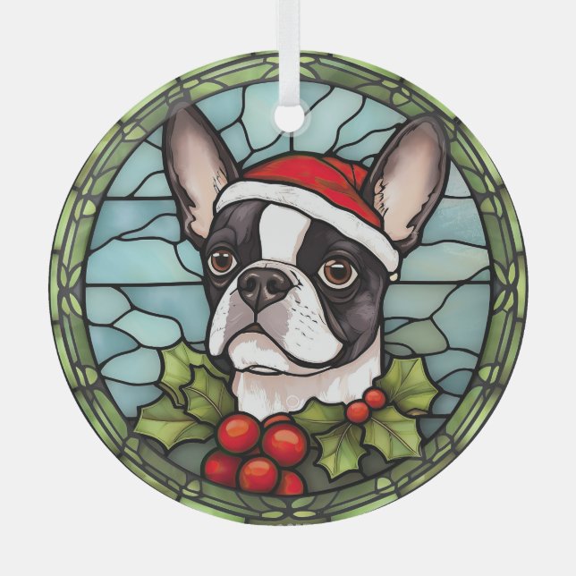 Ornement En Verre Vitrail de Noël Boston Terrier (Recto)