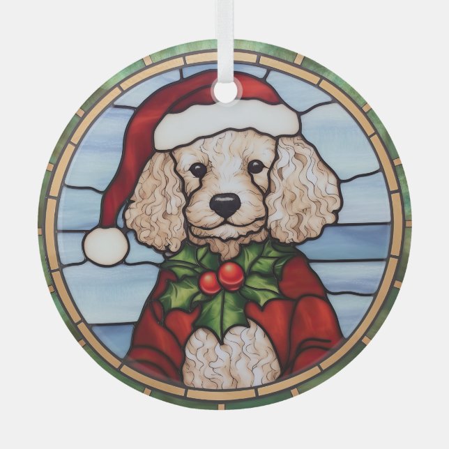 Ornement En Verre Vitrail de Noël Caniche (Recto)