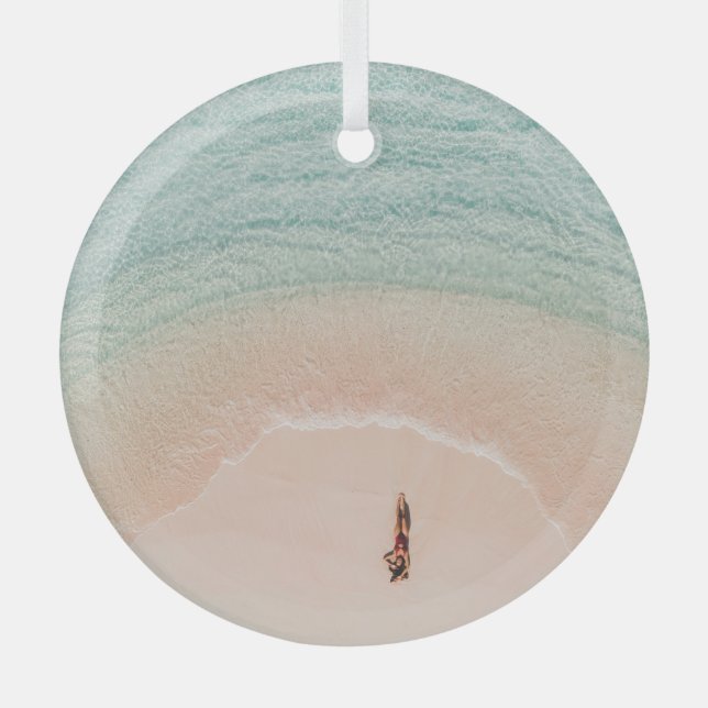 Ornement En Verre Vue Drone, Vacances Plage Rose. (Recto)