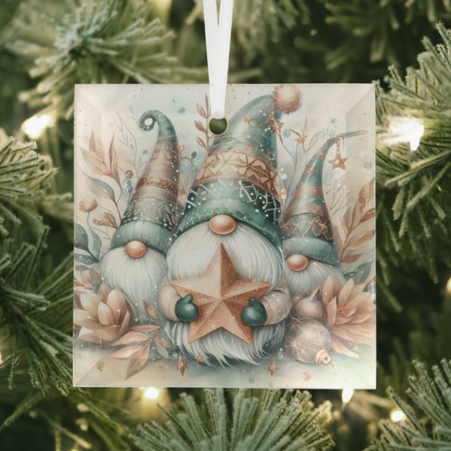 Ornement En Verre Whimsical Winter Gnomes Aquarelle Rose Gold Star (Insitu)