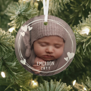 Ornement En Verre White Hearts Frame Baby Photo Ajouter Nom et anné