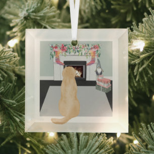 Ornement En Verre Yellow Labrador Dog In Christmas Fireplace Scene