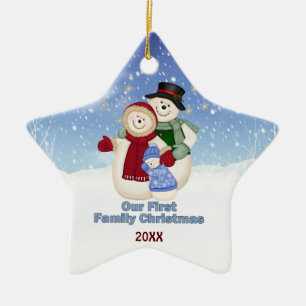 Ornement Étoile En Céramique 1er Noël - Blue Frosty Snowman Family