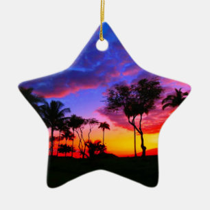 Ornement Étoile En Céramique Blue Red Sunset Exotic Hawaiian Beach Palm Trees