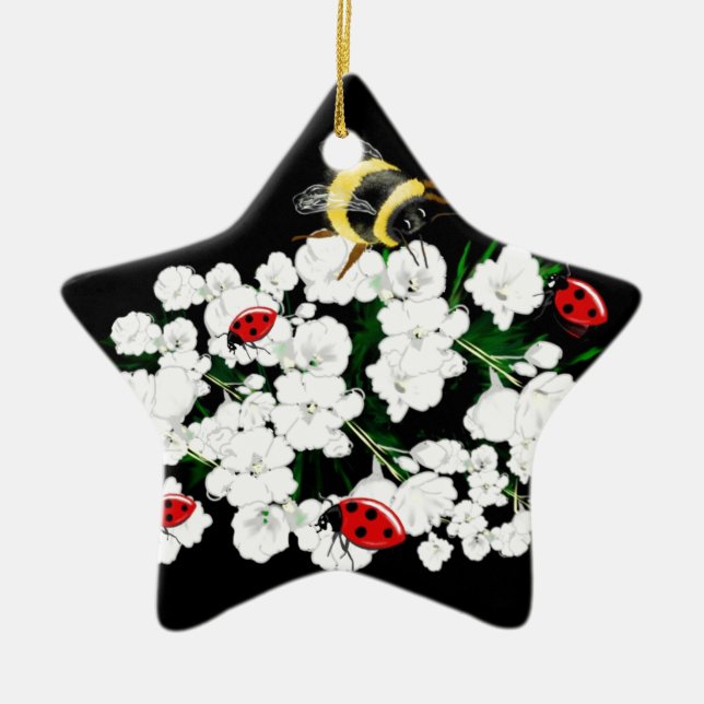 Ornement Étoile En Céramique Bureaux d'abeilles dramatiques et fleurs blanches  (Devant)
