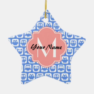 Ornement Étoile En Céramique Chouette bleue Motif Corail Monogramme Nom personn