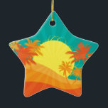 Ornement Étoile En Céramique Design de surf tropical rétro de Sunset Beach<br><div class="desc">Avec un design d'une plage tropicale rétro au coucher du soleil avec des palmiers. Ce design surf aux couleurs rouge,  orange et jaune rappelle une station balnéaire tropicale en été. Pour les amateurs de soleil,  de surf et de sable et de couchers de soleil tropicaux..</div>