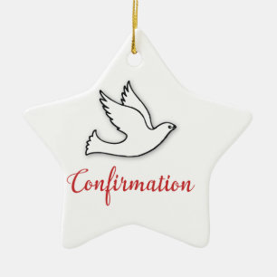 Ornement Étoile En Céramique Félicitations Confirmation Colombe avec Or, Rouge