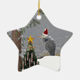 Ornement Étoile En Céramique Héron de Noël en photo de neige