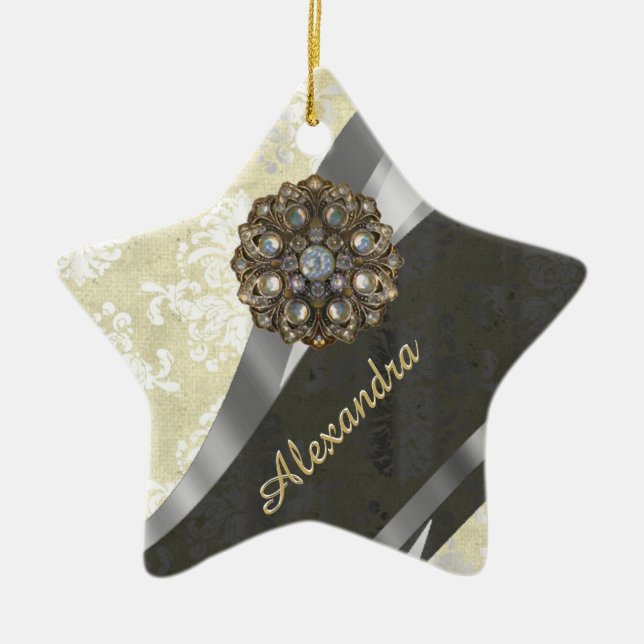 Ornement Étoile En Céramique Motif crème girly assez personnalisé de damassé (Devant)