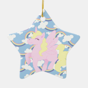 Ornement Étoile En Céramique Motif mignon d'arc-en-ciel avec la licorne rose
