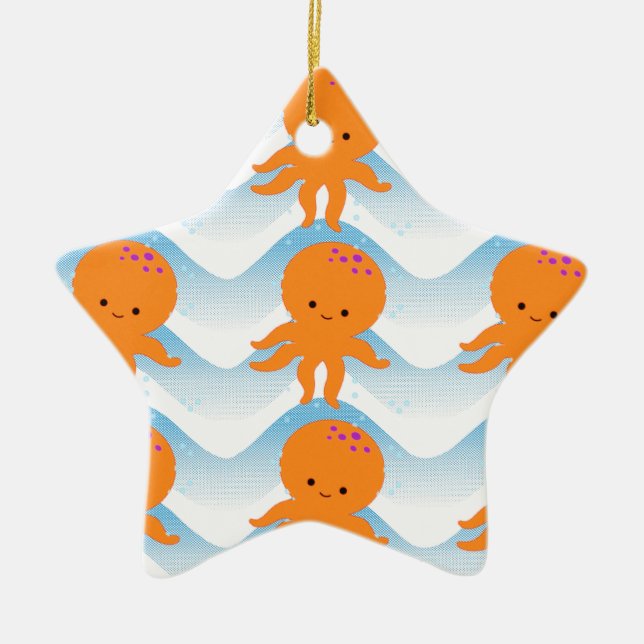 Ornement Étoile En Céramique Motif Octopus Orange Et Vagues Bleues (Devant)