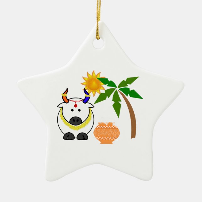 Ornement Étoile En Céramique Pot pongal, vache et arbre (Devant)