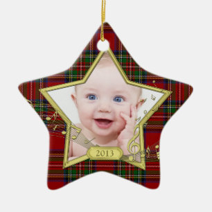 Ornement Étoile En Céramique Première photo de Noël de bébé Star Tartan Xmas