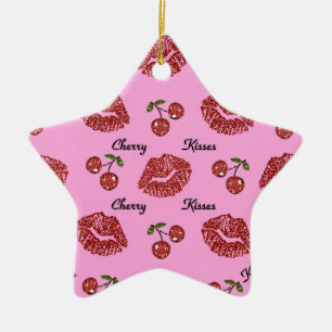 Ornement Étoile En Céramique RAB Rockabilly Baisers de Cerise sur Rose