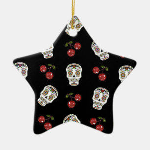 Ornement Étoile En Céramique RAB Rockabilly Sugar Skulls Cherries On Black