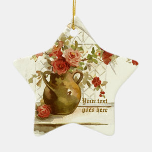 Ornement Étoile En Céramique Vase aux roses rouges Aquarelle vintage