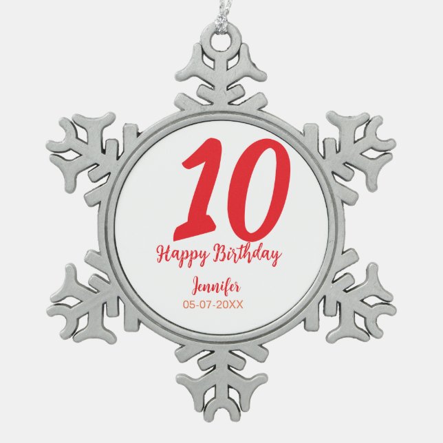 Ornement Flocon De Neige 10e anniversaire ajouter nom date année rouge modè (Devant)