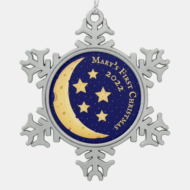 Ornement Flocon De Neige 1er Fromage de Noël de bébé Lune & Étoiles Personn (Devant)
