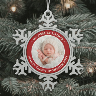 Ornement Flocon De Neige 1ère photo moderne de Noël de bébé Rouge et Blanc