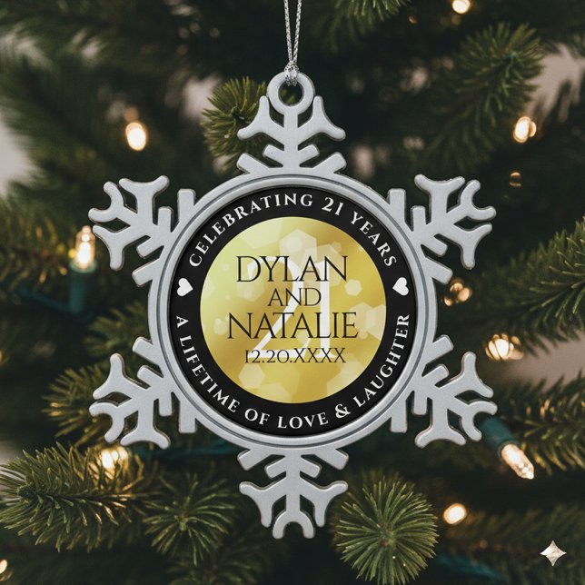 Ornement Flocon De Neige 21ème anniversaire de Mariage en laiton (21st Brass Wedding Anniversary Snowflake Pewter Ornament Cover Photo)