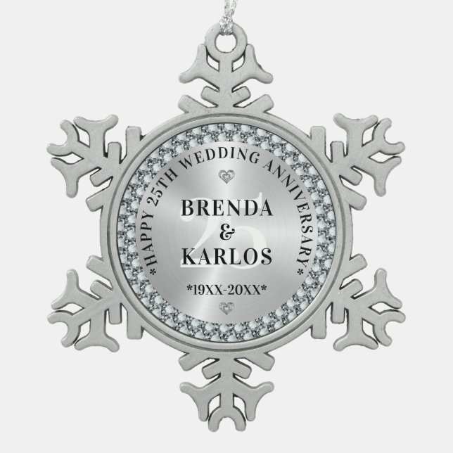 Ornement Flocon De Neige 25e anniversaire du Mariage Silver & White Diamond (Devant)
