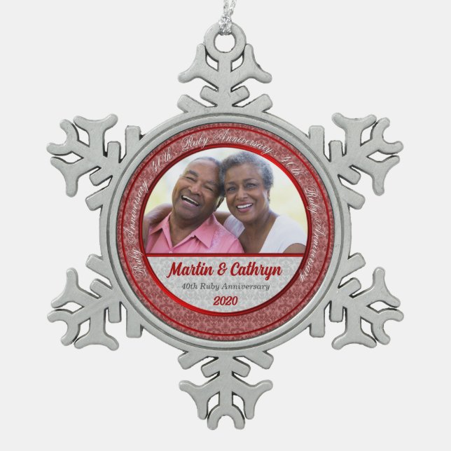Ornement Flocon De Neige 40ème Mariage de Ruby Annivsersary photo rouge (Devant)