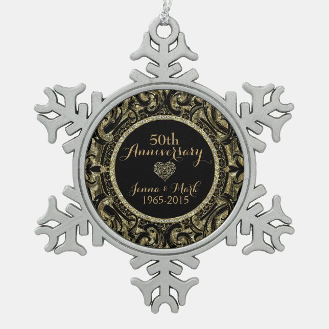 Ornement Flocon De Neige 50e anniversaire du Mariage Floral Noir & Or (Devant)