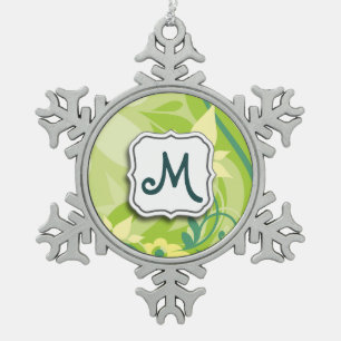 Ornement Flocon De Neige Abstraite flamme florale vert avec Monogramme