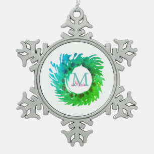 Ornement Flocon De Neige Ajouter une couronne de Noël vert rose monogramme