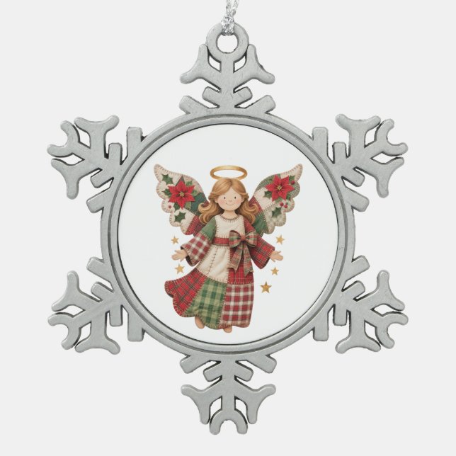 Ornement Flocon De Neige Ange de Noël avec des étoiles dorées (Devant)