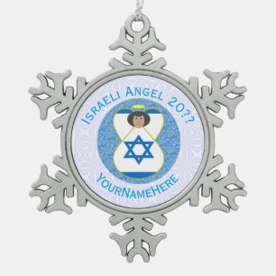 Ornement Flocon De Neige Ange du drapeau israélien sur personnalisé bleu et