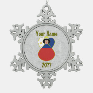 Ornement Flocon De Neige Ange philippin Cheveux noirs habillés en Drapeau