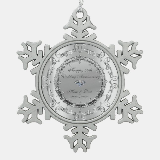 Ornement Flocon De Neige Anniversaire Mariage des tourbillons floraux d'arg (Devant)