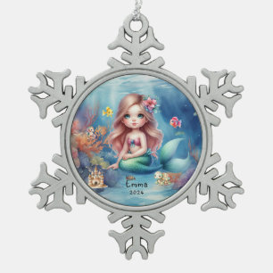 Ornement Flocon De Neige Aquarelle photo marine de sirène mignonne personna